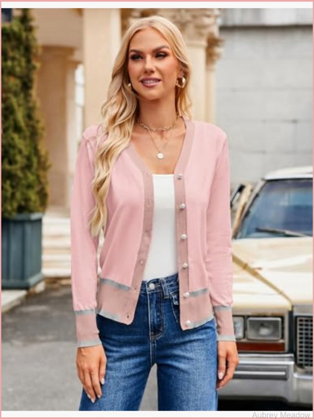 Lightweight Cropped Cardigan Sweater V-Neck Long Sleeve Button Down - Picture 2 of 7